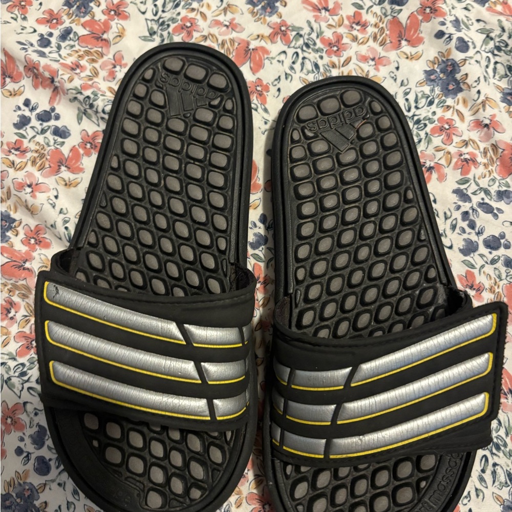 Adidas Black and Silver Slides with Yellow Trim
